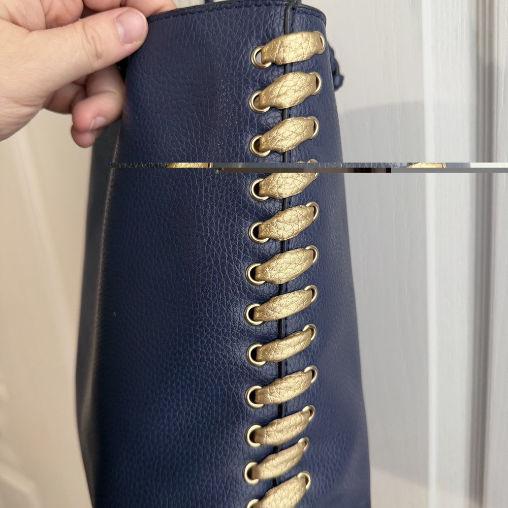 Imoshion Navy Blue Gold Reversible Double Handle Faux Leather Shoulder Bag - Picture 3 of 6